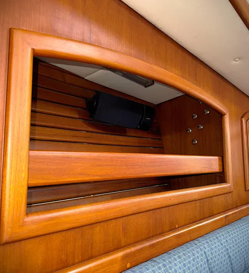 Azure Yacht Photos Pics Interior woodwork of 2005 Pacific Seacraft 40 sailboat, featuring elegant cabinetry and storage.