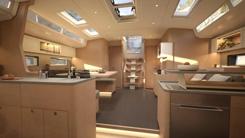  Yacht Photos Pics Luxurious interior of 2026 Dufour 54 yacht with modern design and ample natural light.