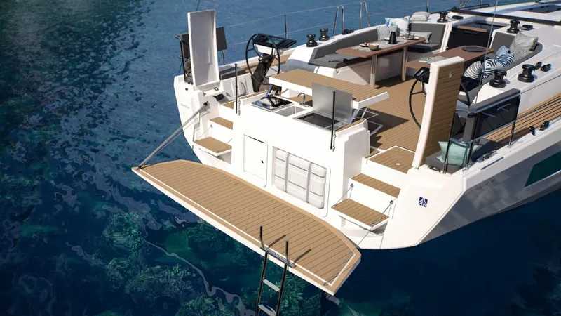  Yacht Photos Pics 2026 Dufour 54 yacht with spacious deck and swim platform on clear blue water.