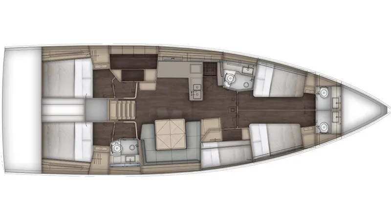  Yacht Photos Pics Floor plan of 2026 Dufour 54 yacht, featuring multiple cabins and bathrooms.