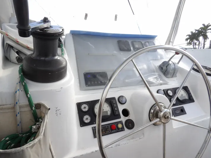  Yacht Photos Pics Leopard 48 yacht helm with steering wheel and control panel, 2014 model.