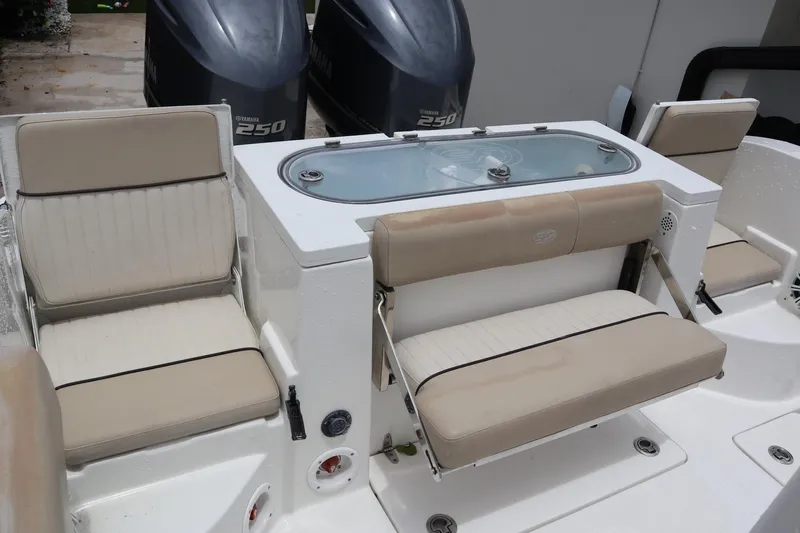  Yacht Photos Pics 2016 Sea Fox Commander 288 boat interior with seating and Yamaha 250 engines.