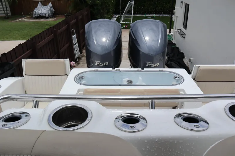 Yacht Photos Pics 2016 Sea Fox Commander 288 boat with dual Yamaha 250 engines and fishing rod holders.