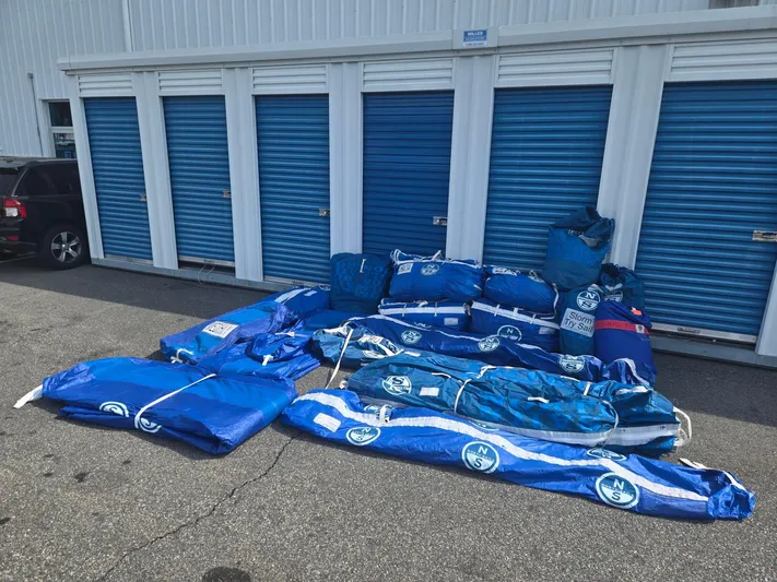 Ceilidh Yacht Photos Pics Blue sail bags for J Boats J/121, 2018, outside storage units.