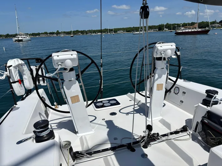Ceilidh Yacht Photos Pics Cockpit view of 2018 J Boats J/121 sailboat with dual steering wheels.