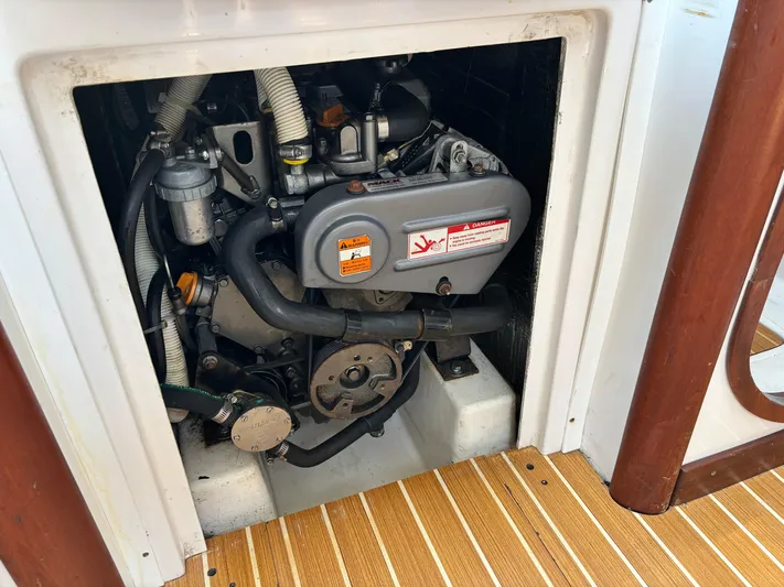 Ceilidh Yacht Photos Pics Engine compartment of a 2018 J Boats J/121 sailboat, showcasing mechanical components.