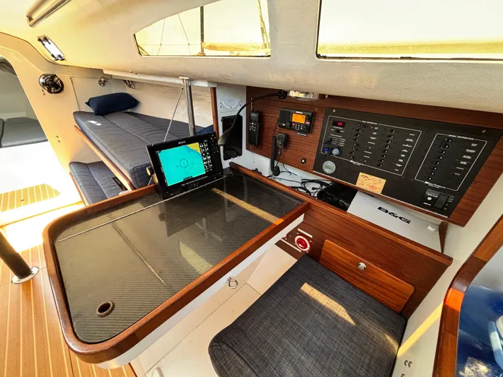Ceilidh Yacht Photos Pics 2018 J Boats J/121 interior with navigation station, control panel, and seating area.