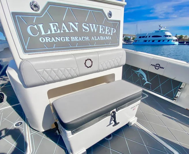  Yacht Photos Pics 2022 Fountain 34 Tournament Edition boat with Clean Sweep signage, docked in Orange Beach, Alabama.