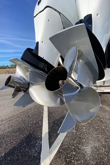  Yacht Photos Pics Close-up of propellers on a 2022 Fountain 34 Tournament Edition boat.