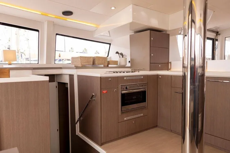 Tatani Yacht Photos Pics Modern kitchen interior of 2021 Bali 4.8 yacht with sleek cabinetry and appliances.
