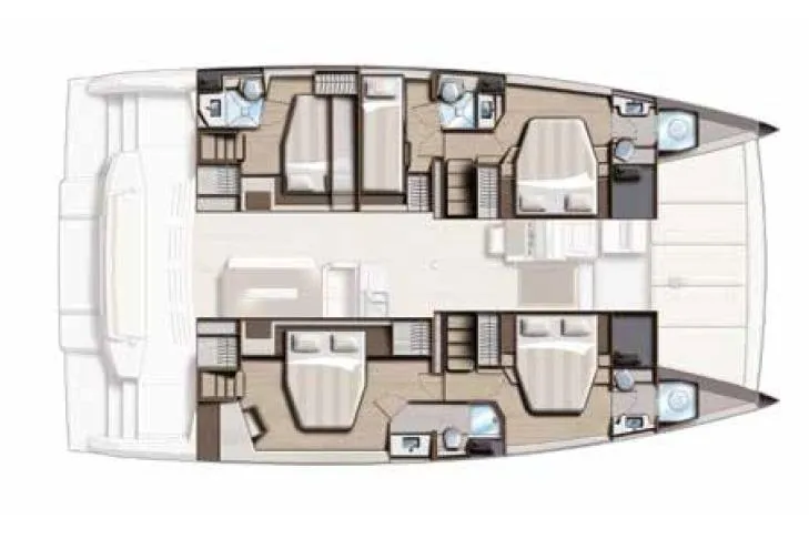 Tatani Yacht Photos Pics Floor plan of a 2021 Bali 4.8 catamaran, featuring multiple cabins and bathrooms.