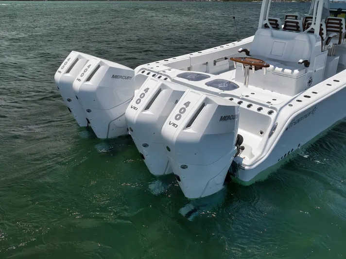 Sycorax Yacht Photos Pics 2024 Freeman 43 CC boat with four Mercury 500R outboard engines on the water.