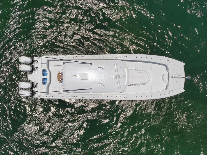 Sycorax Yacht Photos Pics Aerial view of 2024 Freeman 43 CC boat on water.