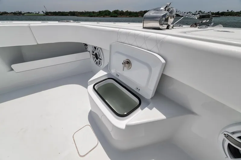 Sycorax Yacht Photos Pics 2024 Freeman 43 CC boat interior with storage compartment and speakers.