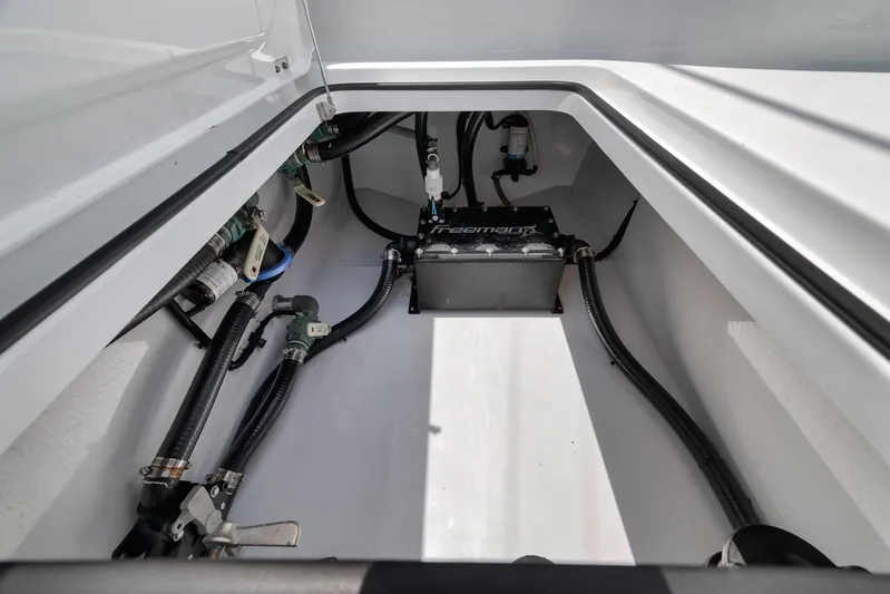 Sycorax Yacht Photos Pics 2024 Freeman 43 CC boat compartment with wiring and equipment.