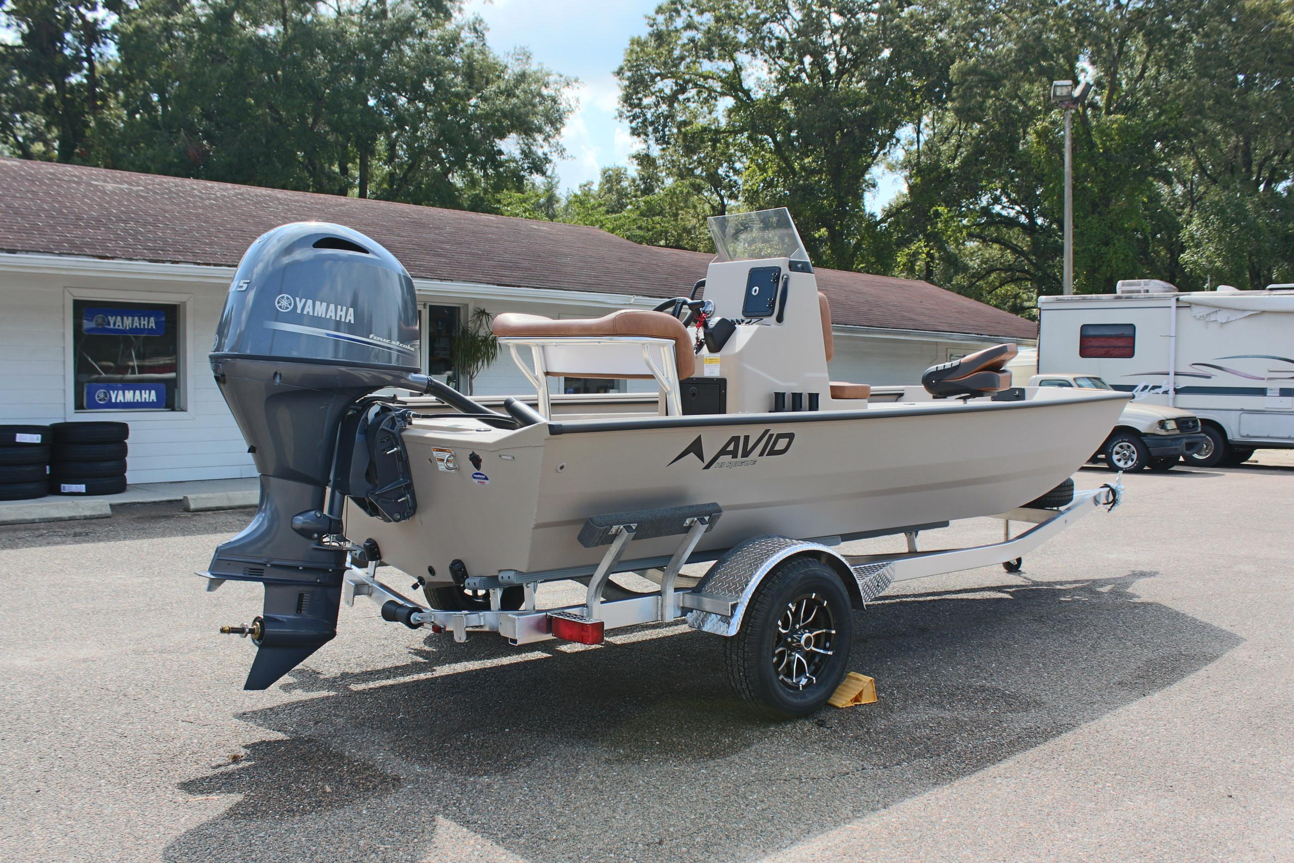 2025 Avid 18 Rogue CC boat with Yamaha outboard motor on trailer.