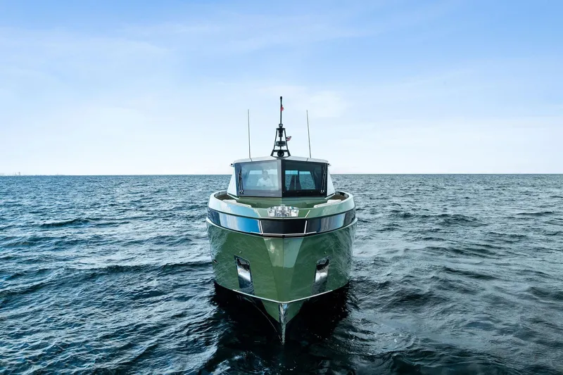 Another World Yacht Photos Pics Front view of 2025 Wally Wallytender 100 yacht on open sea.