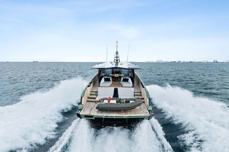 Another World Yacht Photos Pics 2025 Wally Wallytender 100 yacht cruising on open sea, rear view.