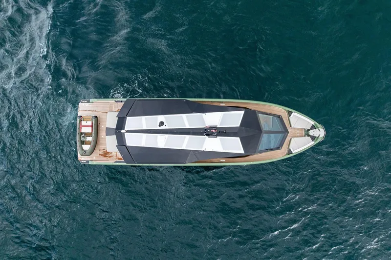 Another World Yacht Photos Pics Overhead view of 2025 Wally Wallytender 100 yacht on open water.
