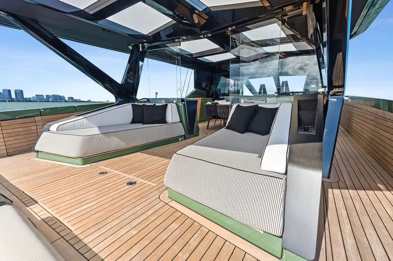 Another World Yacht Photos Pics Luxurious 2025 Wally Wallytender 100 yacht with modern deck and seating area.