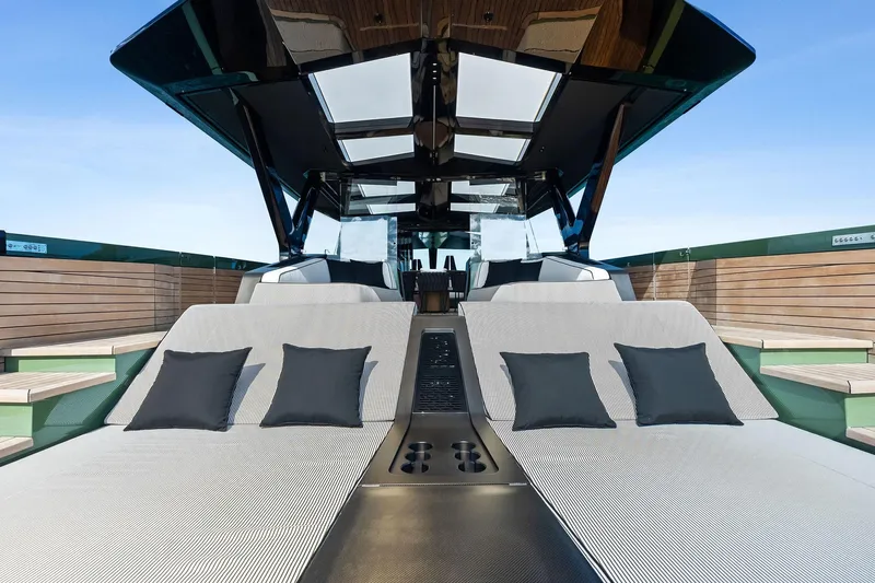 Another World Yacht Photos Pics Luxurious 2025 Wally Wallytender 100 yacht with sleek design and comfortable sun loungers.