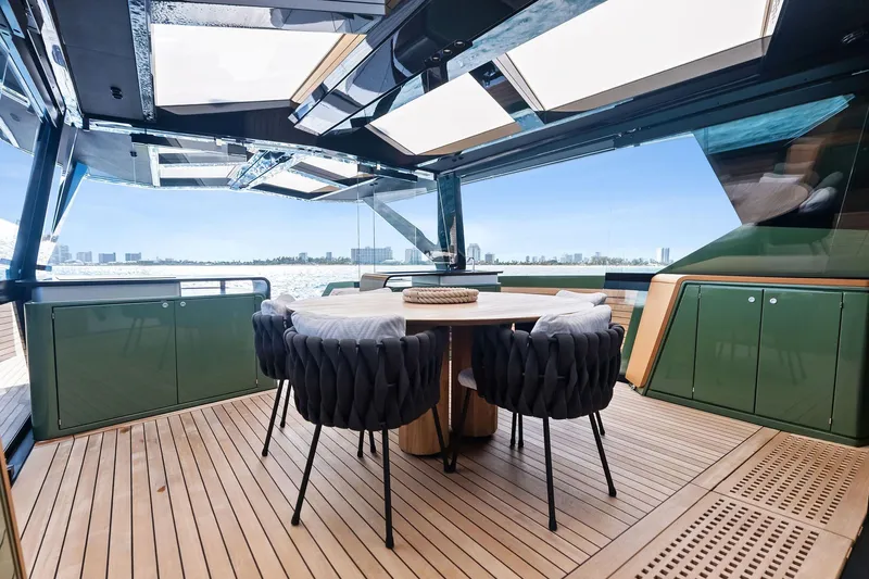Another World Yacht Photos Pics Luxurious 2025 Wally Wallytender 100 yacht deck with elegant seating and panoramic views.