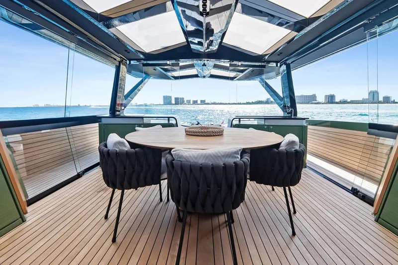 Another World Yacht Photos Pics Luxurious 2025 Wally Wallytender 100 yacht interior with ocean view and elegant seating.