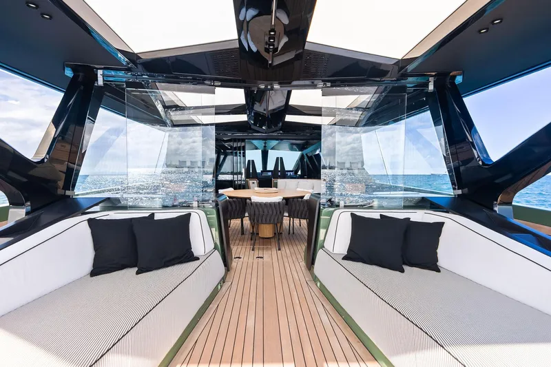 Another World Yacht Photos Pics Luxurious 2025 Wally Wallytender 100 yacht interior with sleek design and ocean view.