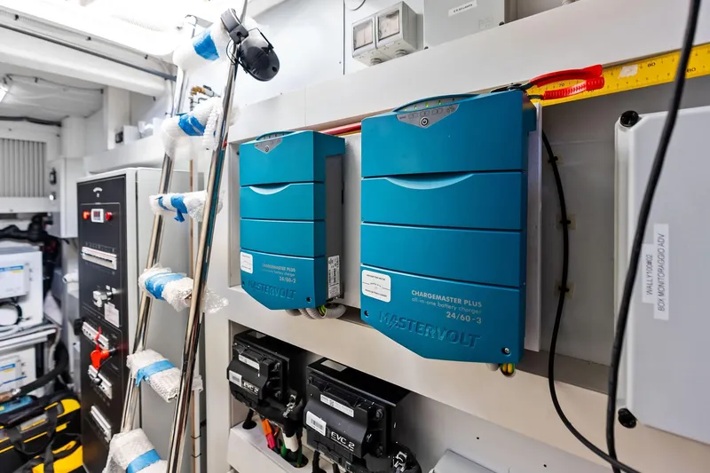 Another World Yacht Photos Pics Electrical system inside 2025 Wally Wallytender 100 yacht, featuring Mastervolt chargers.