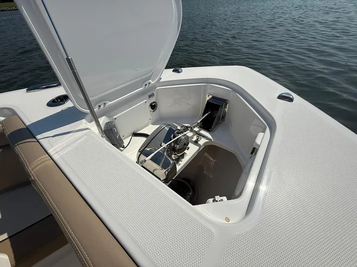  Yacht Photos Pics Open anchor compartment on 2023 Everglades 395 Center Console boat.