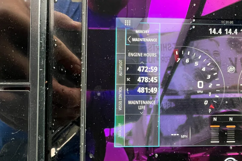 M/v Summer Wind Yacht Photos Pics Dashboard of a 2018 Formula 350 Crossover Bowrider OB showing engine hours and maintenance data.
