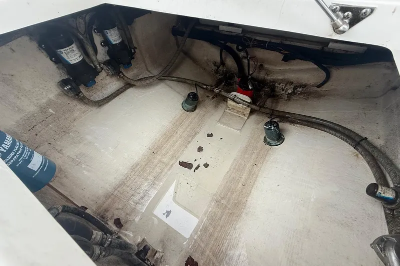  Yacht Photos Pics 2013 Edgewater 318CC boat interior showing bilge area with pumps and hoses.