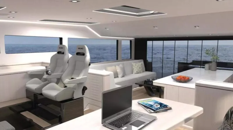  Yacht Photos Pics Luxurious interior of 2026 McConaghy MC63P Tourer yacht with modern seating and ocean view.