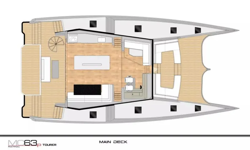  Yacht Photos Pics Main deck layout of 2026 McConaghy MC63P Tourer yacht, featuring spacious interior design.