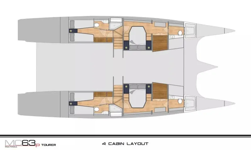  Yacht Photos Pics Layout of 2026 McConaghy MC63P Tourer, featuring four cabins and modern design.