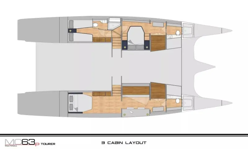  Yacht Photos Pics Floor plan of 2026 McConaghy MC63P Tourer, featuring a three-cabin layout.