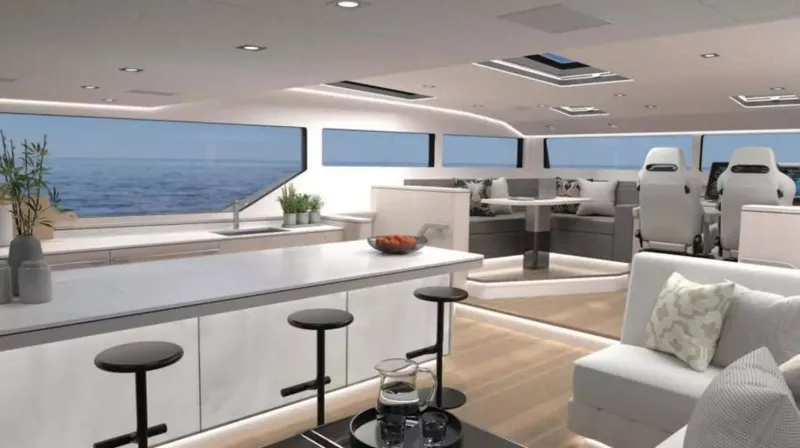  Yacht Photos Pics Luxurious interior of 2026 McConaghy MC63P Tourer yacht with modern seating and ocean views.