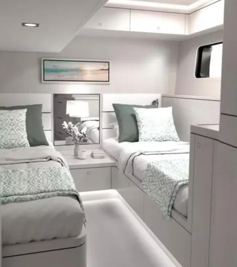  Yacht Photos Pics Luxurious 2026 McConaghy MC63P Tourer cabin with twin beds and elegant decor.