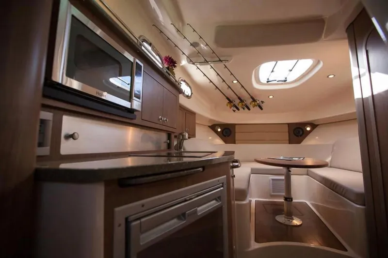 Outta Line Yacht Photos Pics Interior of 2017 Boston Whaler 315 Conquest boat with kitchenette and seating area.