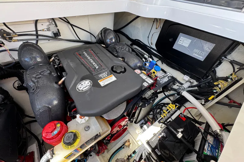  Yacht Photos Pics 2024 Cobalt R33 engine compartment with Volvo Penta 380 V8 engine and Webasto Breeze system.
