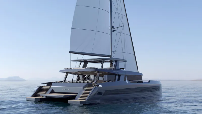 Moon Yacht 100s Yacht Photos Pics Luxury Moon 100 Sail yacht on calm sea, 2027 model, sleek design.