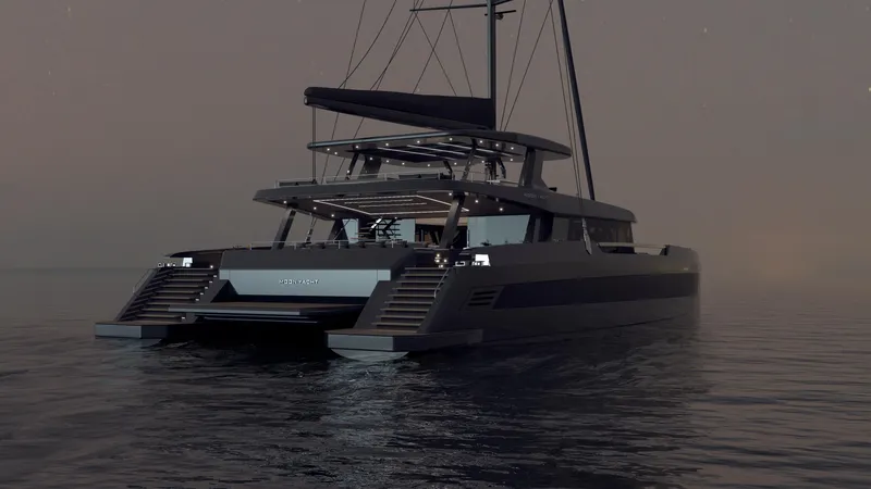 Moon Yacht 100s Yacht Photos Pics Luxurious 2027 Moon 100 Sail yacht at dusk, sleek design on calm waters.