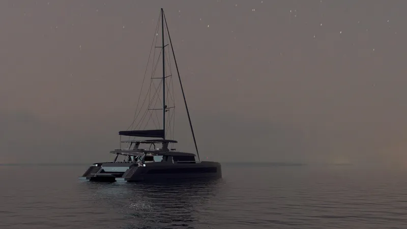 Moon Yacht 100s Yacht Photos Pics Sleek 2027 Moon 100 Sail yacht under starry night sky on calm waters.