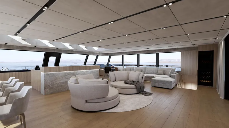 Moon Yacht 100s Yacht Photos Pics Luxurious interior of 2027 Moon 100 Sail yacht with modern seating and panoramic windows.