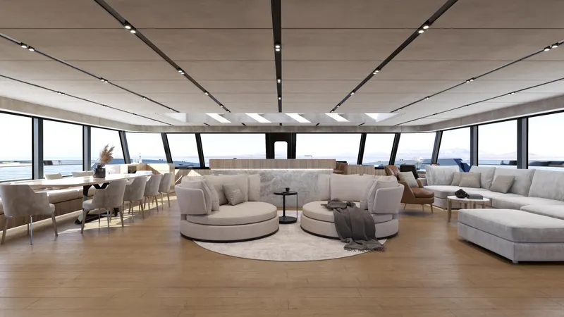 Moon Yacht 100s Yacht Photos Pics Luxurious interior of 2027 Moon 100 Sail yacht with modern seating and panoramic windows.