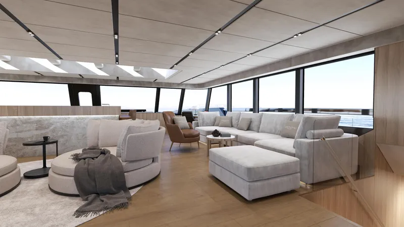 Moon Yacht 100s Yacht Photos Pics Luxurious interior of 2027 Moon 100 Sail yacht with modern seating and panoramic windows.