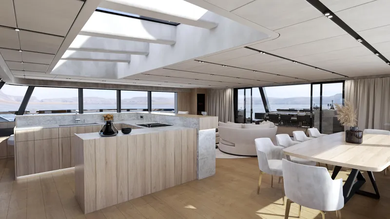 Moon Yacht 100s Yacht Photos Pics Luxurious interior of 2027 Moon 100 Sail yacht with modern kitchen and dining area.
