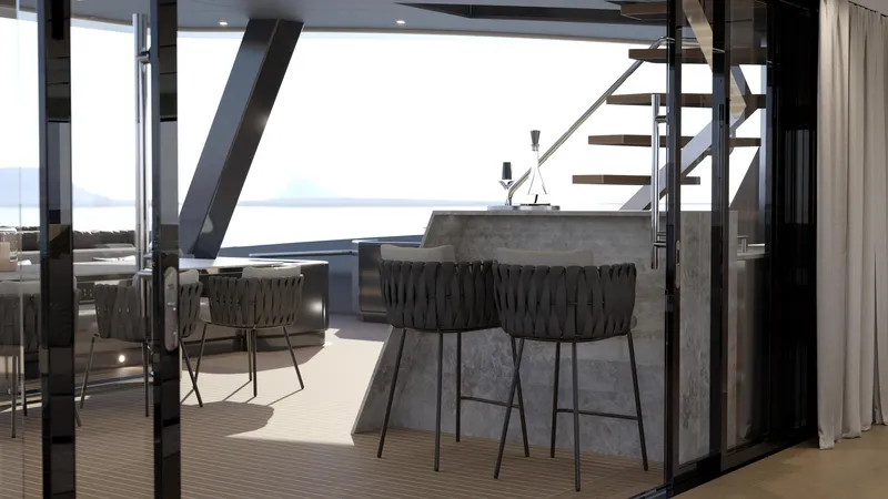 Moon Yacht 100s Yacht Photos Pics Luxurious yacht interior with modern bar stools and sleek design, Moon 100 Sail 2027 model.