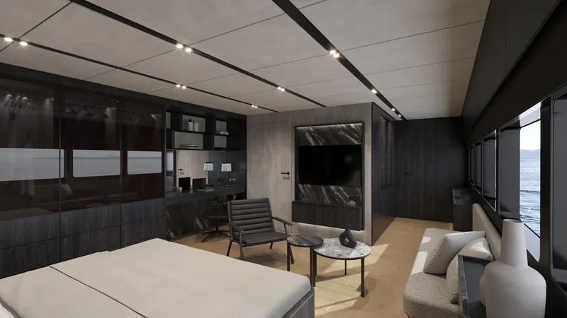 Moon Yacht 100s Yacht Photos Pics Luxurious interior of 2027 Moon 100 Sail yacht with modern furnishings and ocean view.