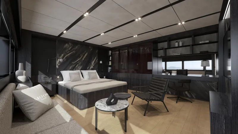 Moon Yacht 100s Yacht Photos Pics Luxurious interior of 2027 Moon 100 Sail yacht with modern furnishings and elegant design.